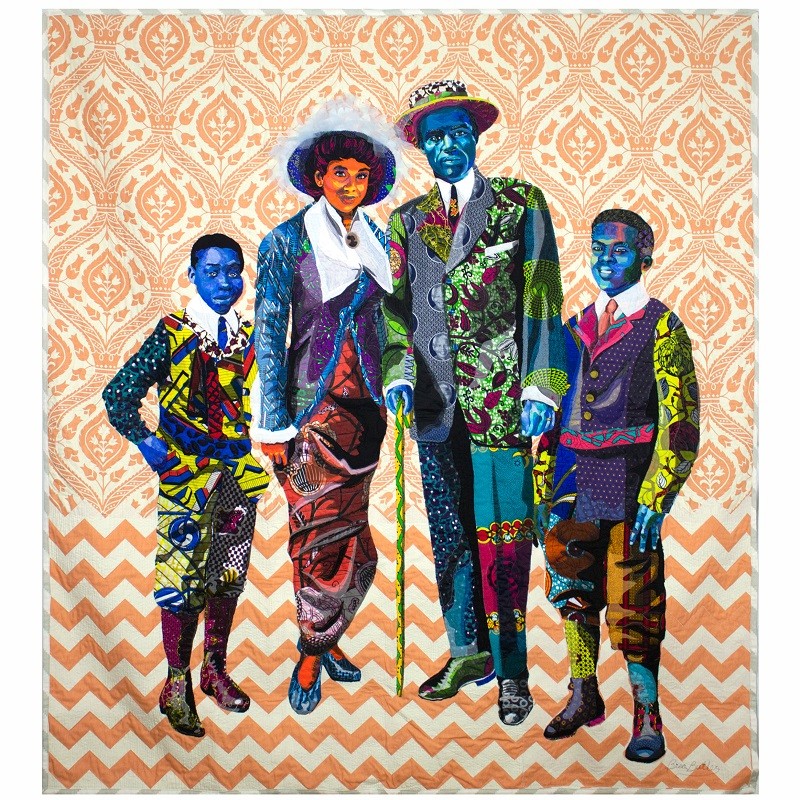 Bisa Butler. Black Star Family, first class tickets to Liberia (2018). 85 x 79 inches. Cotton, silk and denim. Courtesy of artist and Claire Oliver Gallery