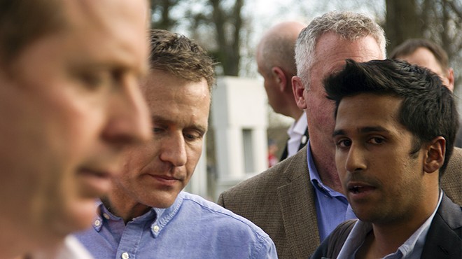 Still a top communications adviser at the time, Jimmy Soni, right, accompanied Missouri Governor Eric Greitens to a vandalized Jewish cemetery in February.