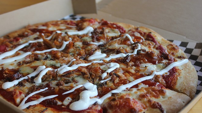 "The Swine": French onion, carnitas, BBQ sauce, bacon and blue cheese.