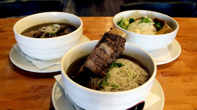 The beef rib pho is served with a 16 ounce rib in the soup.