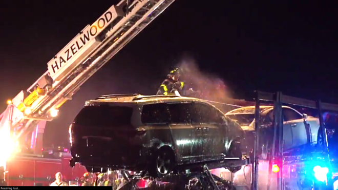 Watch Tens of Thousands of Dollars' Worth of Cars Burn on Back of a Trailer on I-270