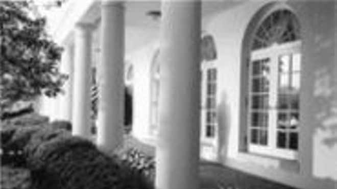 Christopher Usher's Colonnade depicts either 
    a president in silent reverie or a Secret Serviceman 
    about to whiz on the bushes -- find out Monday.