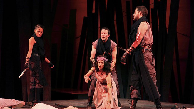 Shanara Gabrielle, David Graham Jones and Michael Keyloun as Murderers and Nancy Bell as Lady Macduff in Macbeth.