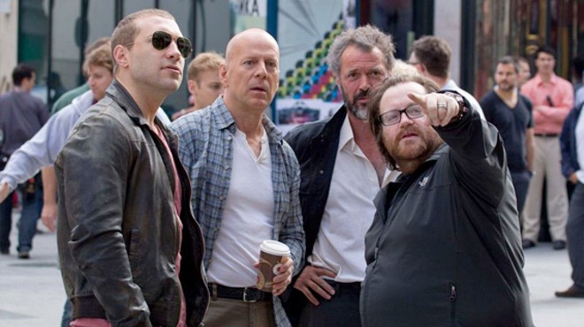 Jai Courtney, Bruce Willis, Sebastian Koch and John Moore on the set of A Good Day to Die Hard