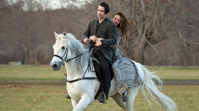 Colin Farrell and Jessica Brown Findlay astride a magic horse in Winter's Tale.