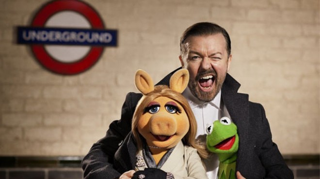 Ricky Gervais in Muppets Most Wanted.