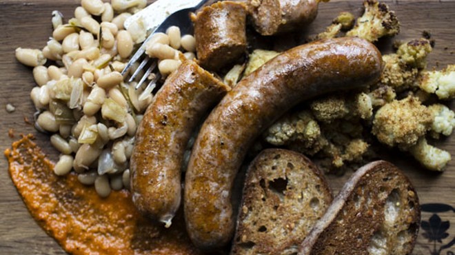 Hungarian bratwurst alongside roasted cauliflower, cider marrow beans, wheat toast and romesco sauce.
    
    
    See photos: Urban Chestnut Serves Delicious Eats as well as Craft Beer in The Grove