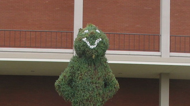 The topiary billiken stands proud before the Busch Student Center.