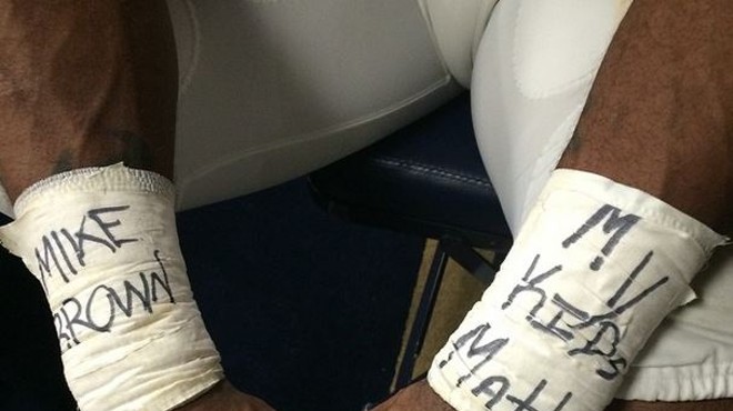 Rams player Davin Joseph may have been inspired by his teammate Kenny Britt , who last week posted this photo of his Michael Brown wrist tape before the game.