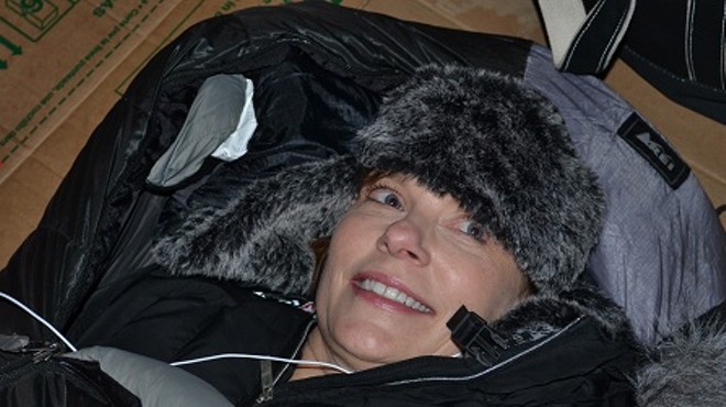 St. Louis Circuit Attorney Jennifer Joyce keeps warm in her "Elmer Fudd" hat.