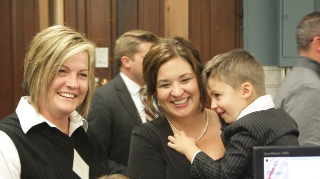 Kelley Harris and Kelly Barnard of St. Louis brought the whole family along with them to the Recorder of Deeds office.