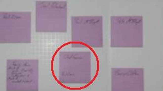 The "enemies" list with "Chad Garrison" and "Kristen" in the center, below Post-It notes with the names of Ohlsen's ex-wife, her divorce attorney and others.