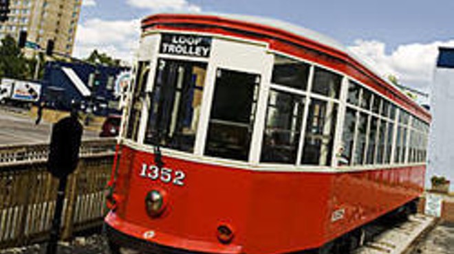 The Delmar Trolley, currently idling near the Commerce Bank.