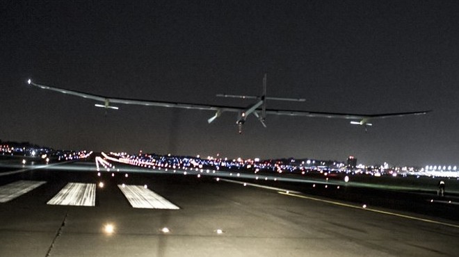 The Solar Impulse touches down at Lambert Field early this morning.