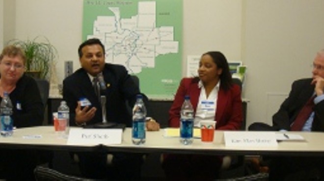 Joan Suarez of Missouri Immigrant & Refugee Advocates; immigration-rigths attorney Pari Sheth, Kim Allen Murray of Legal Services of Eastern Missouri, and former Gov. Bob Holden.