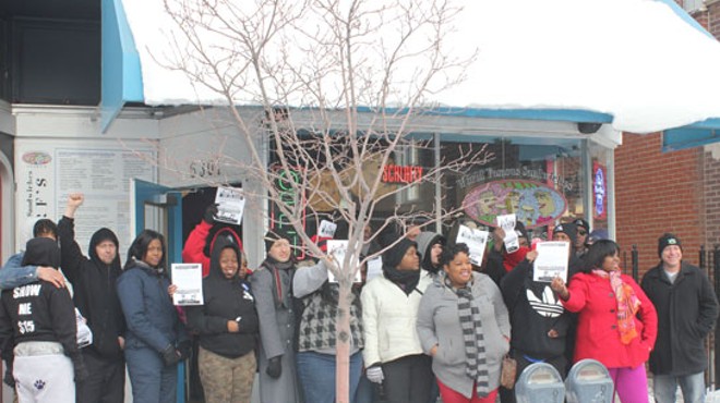 Protesters gather in front of Snarf's. | Nancy Stiles
