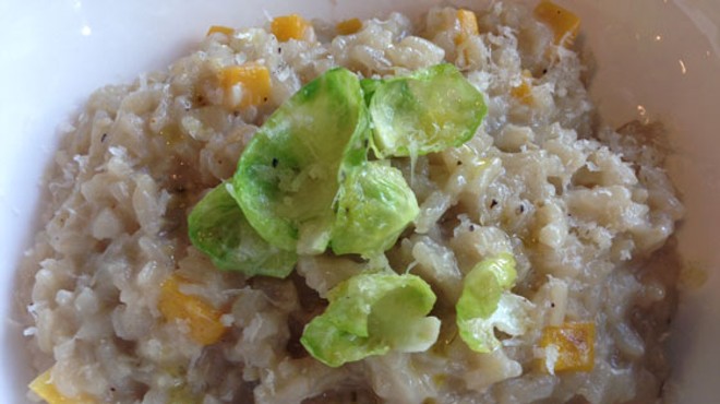 Butternut squash risotto with wilted brussel sprout petals. | Nancy Stiles