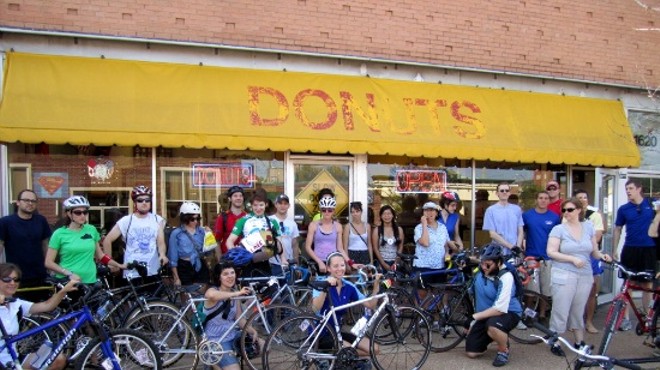 Tour D'Onut bikers line up in front of John Donut before moseying to the second shop.