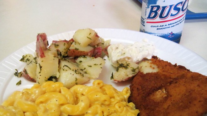 The holy trinity: Cod, mac & cheese, potato salad. Oh, yeah, and Busch. Make that the holy fournity.