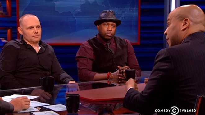 Comedian Bill Burr and rapper/activist Talib Kweli speak with host Larry Wilmore, Indian model/actress Shenaz Treasury and New Jersey-based U.S. Senator Cory Booker on The Nightly Show.