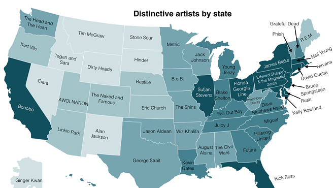 U.S. Map Displays Most Popular Musicians By State