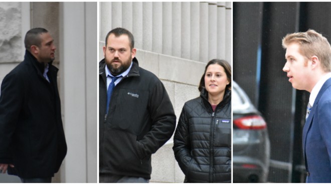 Suspended SLMPD Officers (From L) Dustin Boone, Randy Hays, Bailey Colletta and Christopher Myers outside court.