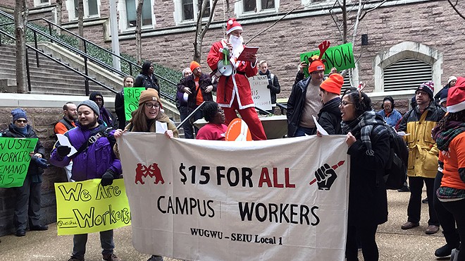 Protesters want Washington University to raise wages and provide childcare for workers.