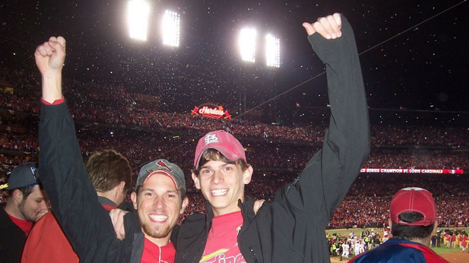 Trevor (left) and Connor Kraus at Busch Stadium after the Cardinals won Game 7 of the World Series. They both snuck in.