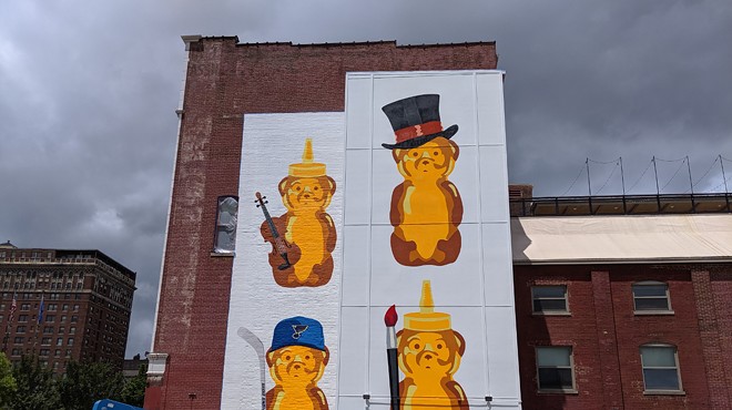 fnnch's included a nod to the St. Louis Blues in his honey bears mural on the Centene Center for the Arts in Grand Center.