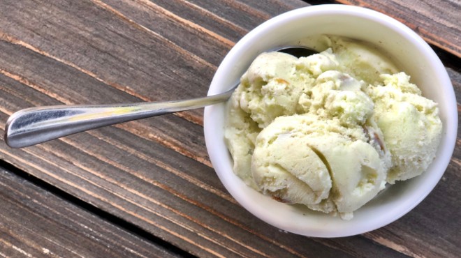 Pistachio ice cream made with pure cricket powder at Rooster South Grand.