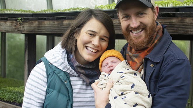 Mary Densmore, baby Autumn and James Meinert are stewards of the earth at Bee Simple City Farm.