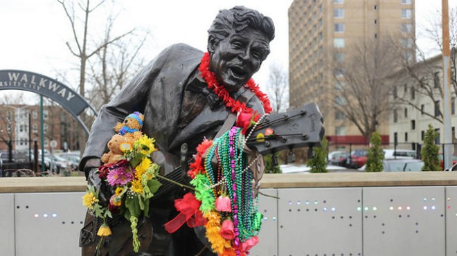 The Chuck Berry statue in the Delmar Loop has been turned into a memorial.
