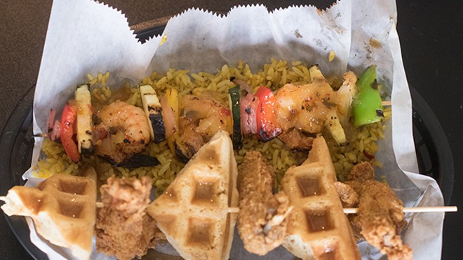 The "Chicken and Waffle" kabob, accompanied by a shrimp and veggie version.