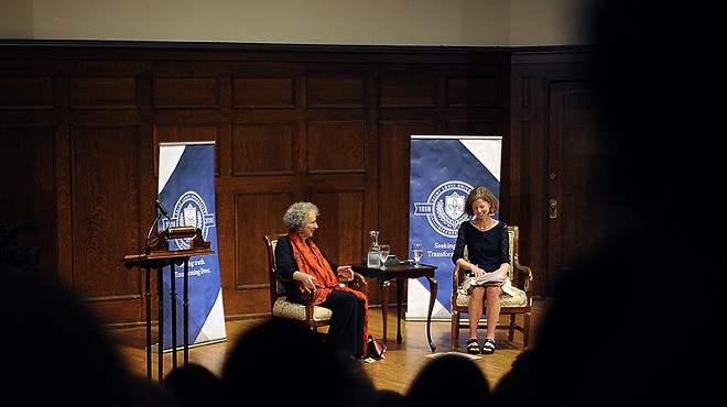 Margaret Atwood, left, was in St. Louis on Tuesday, September 19, to receive a literary award.