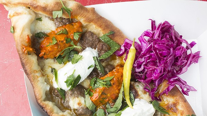 Pide is stuffed with beef or cheese and served with ajvar, a spicy roasted red-pepper relish.