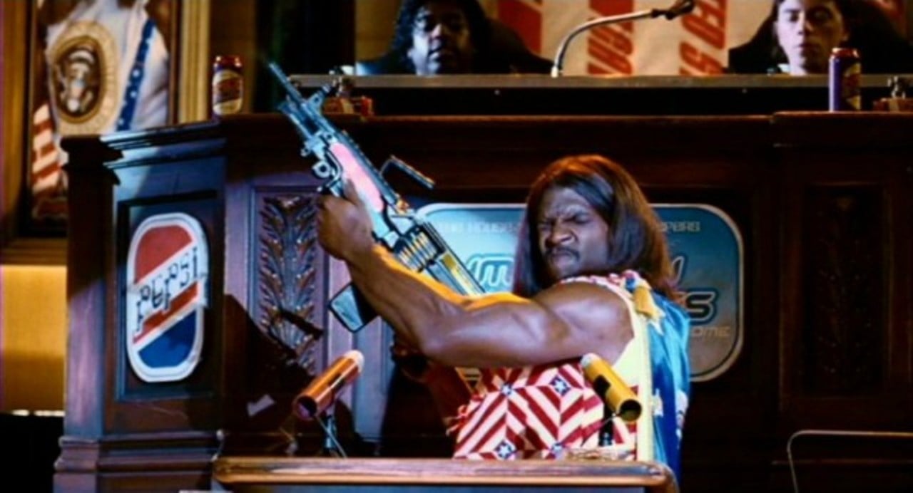 Terry Crews as President Camacho  in Idiocracy (2006)
Camacho: "Shit. I know shit's bad right now, with all that starving bullshit, and the dust storms, and we are running out of french fries and burrito coverings."