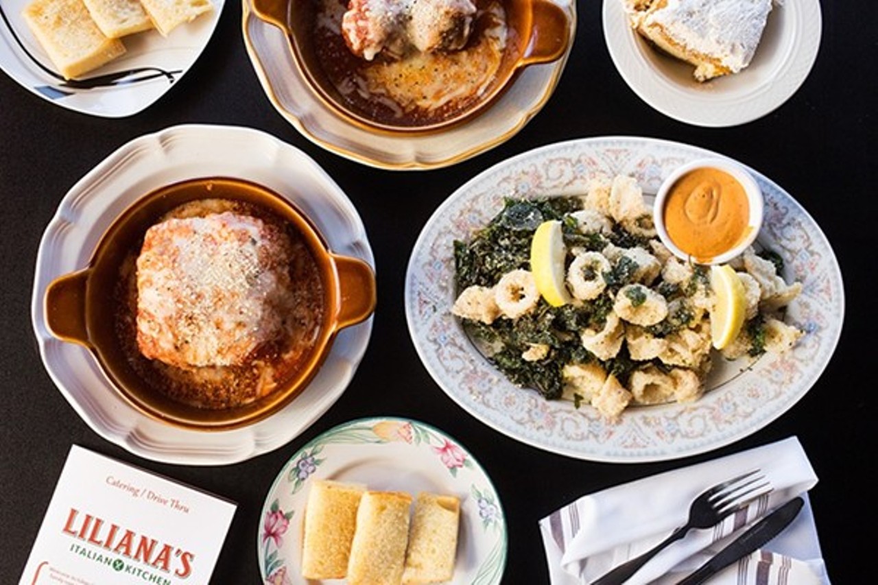 Liliana's Italian Kitchen
(11836 Tesson Ferry Road; 314-729-1800)
Anyone who has dined at an old-fashioned Italian-American restaurant &#151; whether Rossino's or anywhere else &#151; knows that scent: a mix of garlic, dough and the powdered Parmesan cheese that comes in shakers. That intoxicating siren song of scent at Liliana's Italian Kitchen is a precursor for what's to come, which really ought to begin with an order of cheese garlic bread. The sesame-seed-flecked crusty Italian bread is dipped into a concoction of melted butter, garlic and Parmesan, and covered in mozzarella cheese before it's placed in the oven. The result is a cheesy, butter-saturated wonder, the epitome of comfort.
Photo credit: Mabel Suen