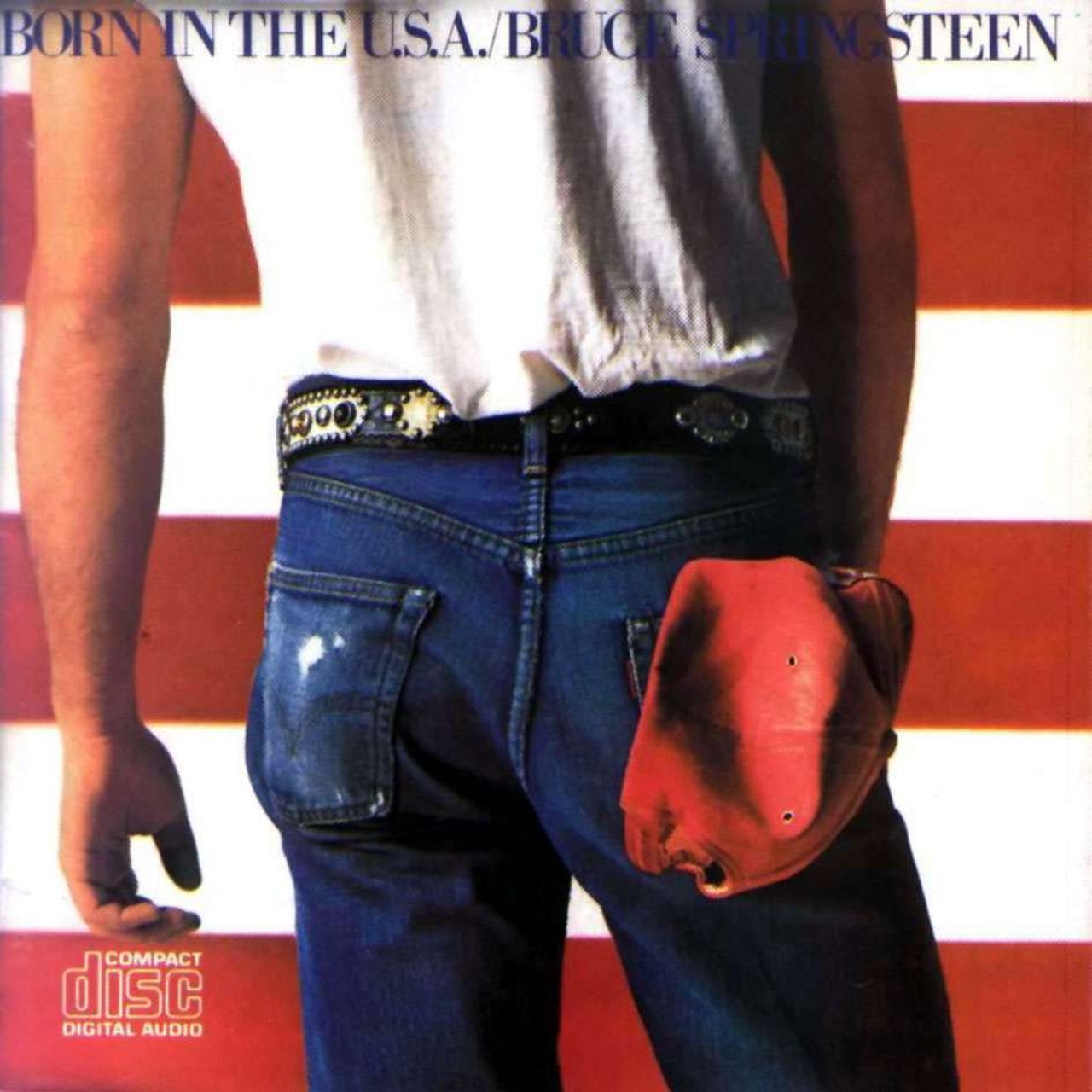 Bruce Springsteen - Born in the U.S.A. (1984)
Arguably the most famous album cover on this list, Born in the U.S.A. by Bruce Springsteen also displays the Boss' backside in addition to the stars-and-stripes. Reagan's campaign famously used the title track in his re-election campaign, not knowing Springsteen's political leanings went the other way.