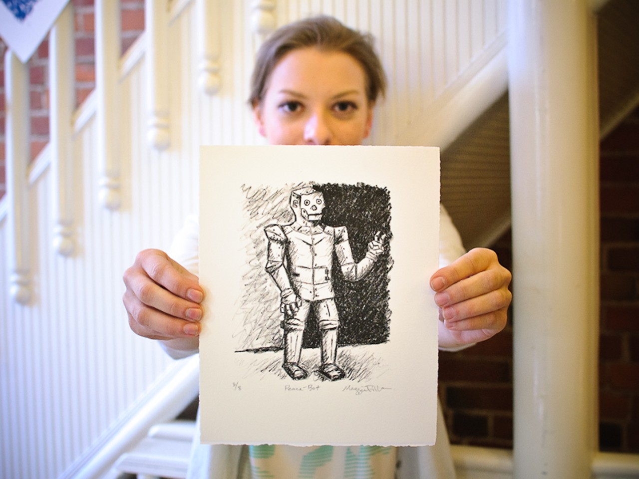 How often are robots depicted as peace-loving hippies? In Maggie Filla&rsquo;s &ldquo;Peace-Bot&rdquo; lithograph, often. Maggie is an intern at the Firecracker Press.