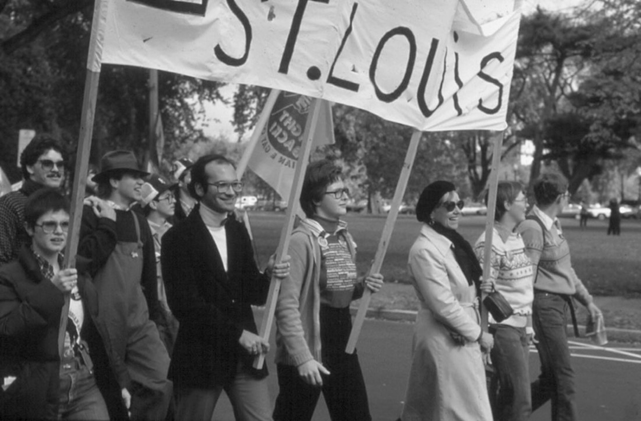 March on Washington. St. Louis was represented at the first gay march on Washington, DC,
in 1979 by a local contingent of LGBT leaders. This event inspired a formal effort to plan a St.
Louis gay pride event. Several area organizations and committees worked towards this goal, and
the end result was the first official St. Louis gay pride event occurring in April 1980. (Courtesy
of Jim Pfaff.)
