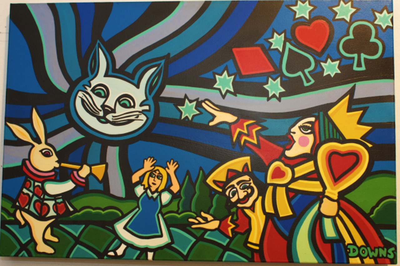 This colorful painting titled "Off With Her Head" shows the fun, playful style of Craig Downs.
