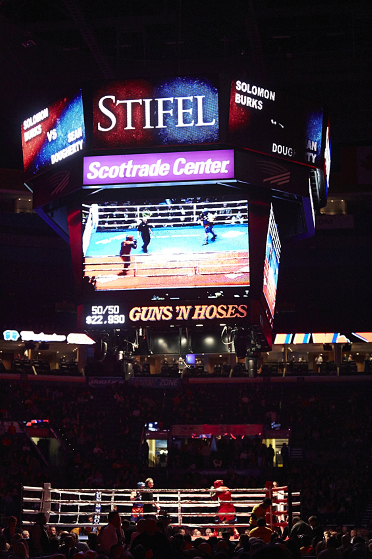 The jumbotron at the 28th Annual Budweiser Guns 'N Hoses Boxing match held at the Scottrade Center.