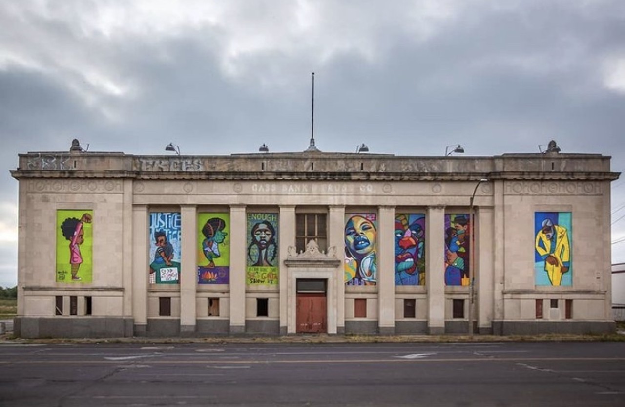 Former Greyhound Bus Station and Cass Bank turned into artwork
Located in North City St. Louis (1450 North 13th Street)
Art by Cbabi Bayoc and partnered with Urban Strategies Inc. and Cherokee Street Gallery. 
Photo credit: Tracy Jane Weidel / @muralsofstlouis on Instagram