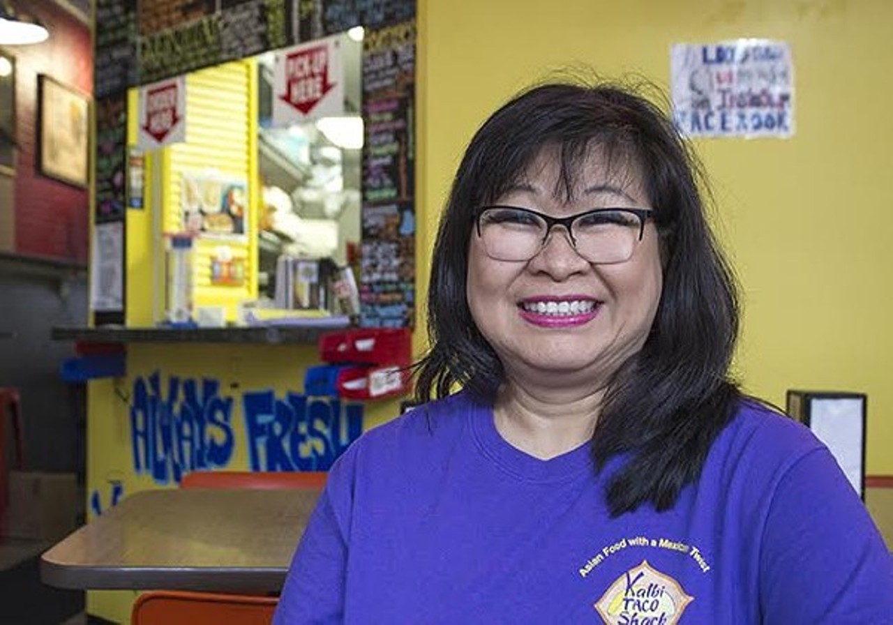 Sue Wong-Shackelford
Kalbi Taco Shack
2301 Cherokee St.
St. Louis, MO
(314) 240-5544
Kalbi Taco Shack is the definition of family-owned and -operated. You&#146;ll see Olivia Shackelford taking your order at the counter, as her mother and restaurant owner, Sue Wong-Shackelford, mans the flattop grill. The restaurant has that hip food truck feel, painted bold red and yellow with graffiti-style artwork advertising its specialties. Offerings include the teriyaki chicken burrito, pork b&aacute;nh m&igrave;, kimchi cucumbers, tacos, a quesadilla, a short rib rice bowl and bubble tea. The bubble tea is available in a variety of flavors, too -- taro, pineapple, watermelon and honeydew. Photo of Sue Wong-Shackelford by Sara Bannoura.