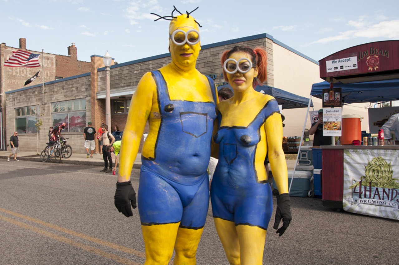 Bobby Haven and Raquel Gutierrez as minions at the 2015 World Naked Bike Ride in St. Louis.