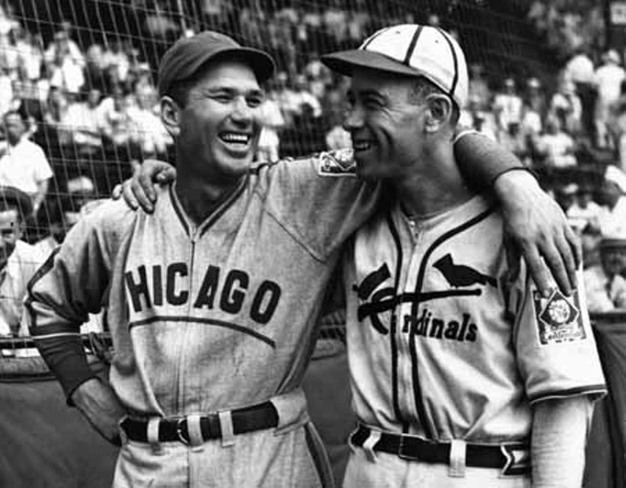 Cardinals pitcher Paul Dean with his brother Dizzy Dean. Though Dizzy is a Cub in this photo, he was best known as the ace of the Cardinals' Gashouse Gang. The Cubs only purchased his contract after his best years were over.