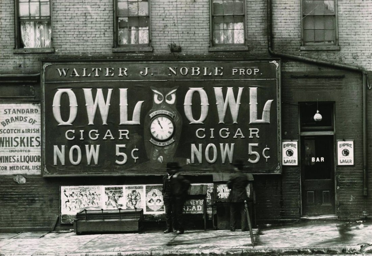 Walter J. Noble Saloon featuring an Owl Brand Cigar billboard. 2 North Eighteenth Street or 2300 Chestnut Street. Photograph, ca. 1909.