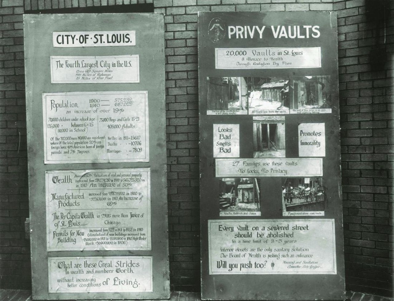 A pair of signs by the Housing and Sanitation Committee Civic League pushing for the abolition of public outhouses (here called privy vaults). Photographs made by the St. Louis Street Department&#146;s Photographic Division are visible on the right-hand sign. Photograph, ca. 1910.