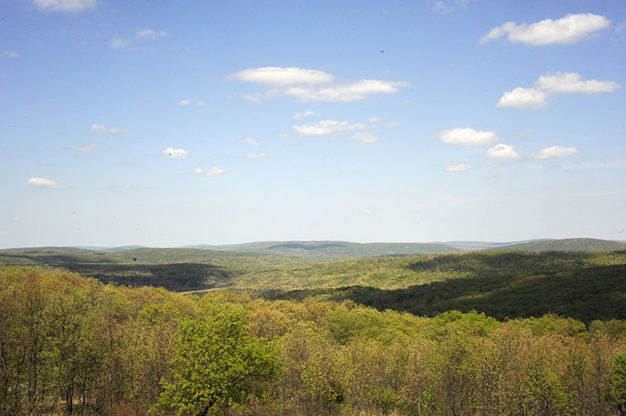 It takes just two hours to drive from St. Louis to the highest point in Missouri, Taum Sauk, listed at a whopping 1,772 feet. The best views arriving at Taum Sauk can be found from a 1949 fire tower (gps coordinates: 37.5688,-90.718758) and the designated lookout just before you ditch your car for the trail (148 Taum Sauk Trail, Middle Brook; www.mostateparks.com/park/taum-sauk-mountain-state-park). The lookout can't be missed. The easiest way to find the fire tower is to turn left when the paved road turns to gravel. Photo by Kelly Glueck.