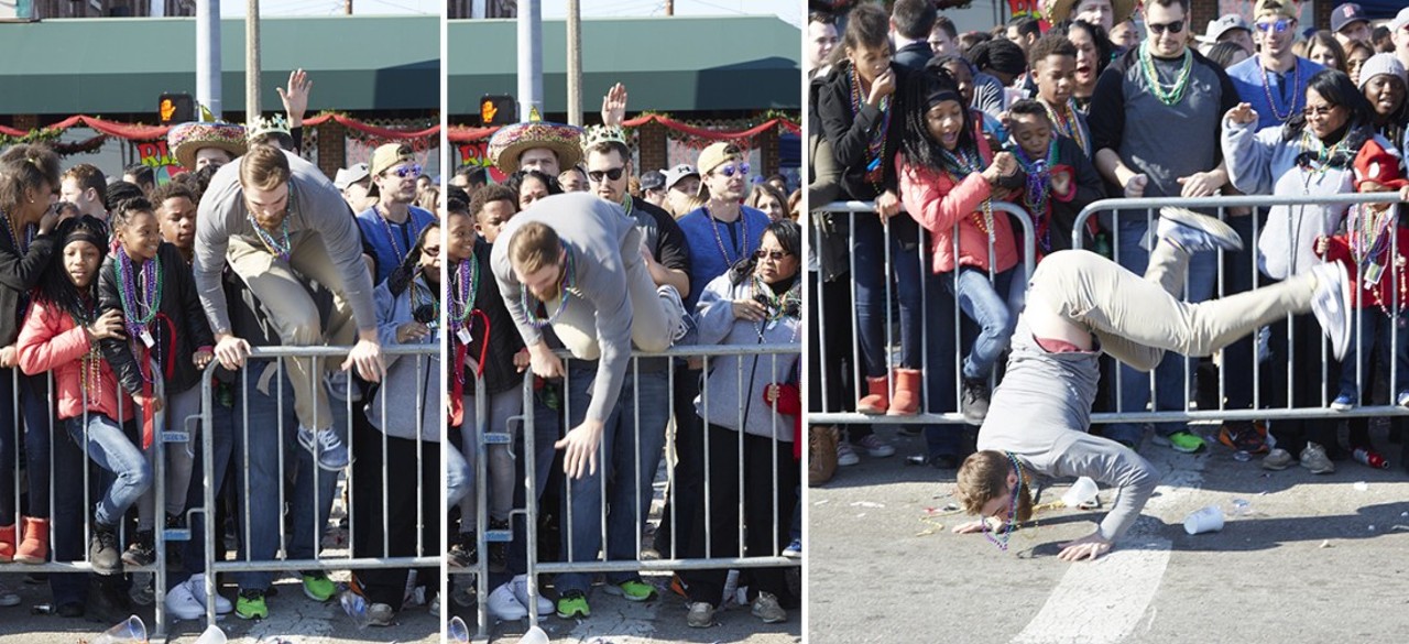 This guy who was so motivated by the frenzy of Mardi Gras that he hopped the fence...or at least, tried to hop it.